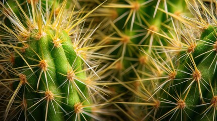 Macro Cactus Needles Desert Plant Texture with Green Spines, and Nature Background.