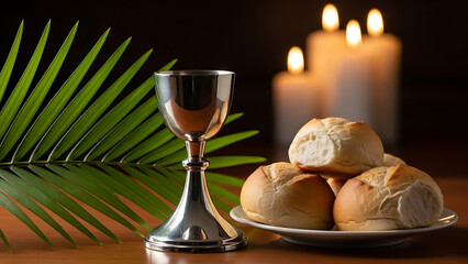 Holy Communion elements, bread and wine, with candlelight and palm leaf