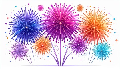 Vibrant watercolor fireworks illustration on white background, colorful explosion for celebration, party, and festive events