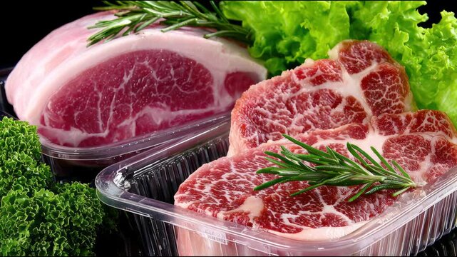 Raw meat cuts displayed in packaging with herbs and vegetables