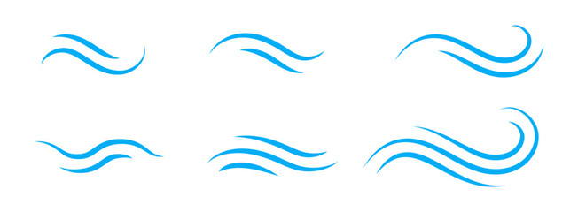 Set of Abstract Blue Wave Lines for Water, Wind, Air, and Sound Icons. Vector illustration 