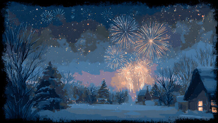 A serene winter landscape with fireworks exploding above a snow-covered village at dusk from a distant viewpoint