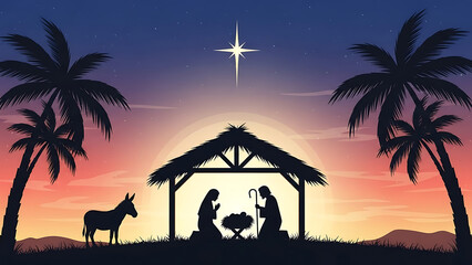 Christmas nativity scene with Mary, Joseph, and Jesus in a tropical setting at sunset