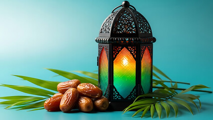 Vibrant Lantern and Dates on Palm Leaves, Ramadan Decorations and Traditions Concept