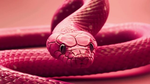 Extreme Close-Up of Realistic Pink Snake Head with Detailed Scales and Large Eyes on Blurred Background