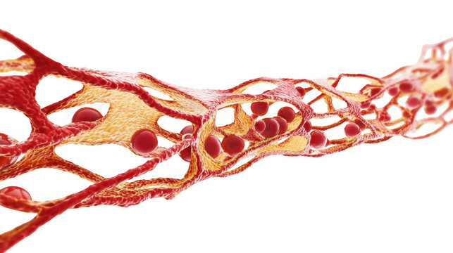 Microscopic view of an endothelial barrier forming a network of interconnected cells. Creating a complex and porous structure essential for regulating vascular permeability and transparent background