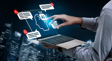 A modern hand interacts with a laptop showcasing artificial intelligence concepts. The night city backdrop enhances the tech theme, creating a futuristic vibe. Gantry