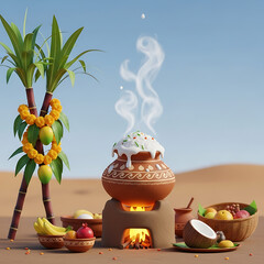 Pongal celebration with traditional earthen pot on fire and fruits