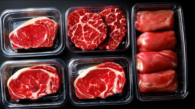 Raw meat cuts displayed in transparent containers