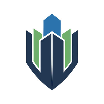 Shield logo with stylized building graphic