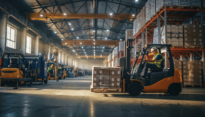 Forklift Driver Moving Pallets In A High-ceiling Warehouse, Logistics, Storage, Distribution, Warehouse, Machinery, Transport, Industrial, Interior