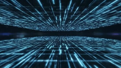 A high-tech abstract motion graphic featuring blue glowing data lines and grid patterns moving across a dark digital space. This futuristic visualization represents big data, cloud computing,