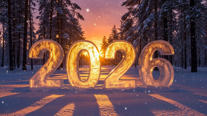 New Year 2026. Glowing 2026 number made from ice in a snow-covered forest at sunset. Warm golden light contrasts frost and shadows, creating a festive winter mood.  