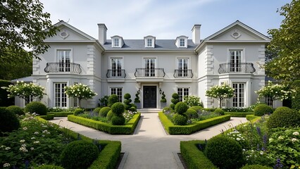 A luxurious white estate featuring symmetrical architecture, wrought iron balconies, and a meticulously designed parterre garden with topiary and lush greenery.