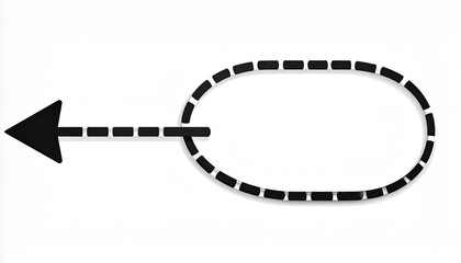 Black dotted arrow pointing left into an oval frame on white background, copy space for text or design, concept of direction, process, or connection