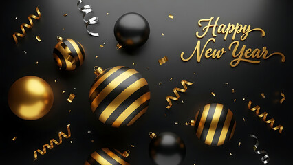 Black and Gold New Year's Celebrations with Ornaments and Confetti Background