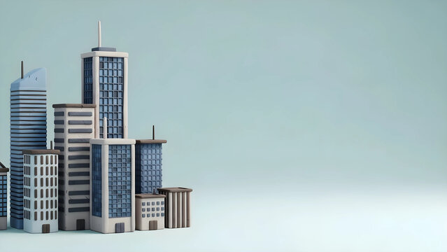 【3Dクレイアート】高層ビル群と広大な余白　企業と都市開発を象徴するビジネス背景素材　手作り粘土風　オフィス街や不動産のイメージ