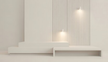 Minimalist Beige Podium Display with Warm Wall Sconce Lighting, Studio Stage