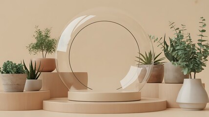 Minimalist beige platform with glass dome and potted plants, serene indoor display
