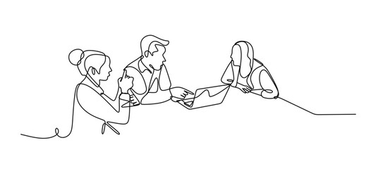 Line art Illustration of business people working together in the office. One line art style © pew