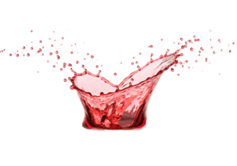 Vibrant translucent red liquid splash with rising droplets and elegant wave form in a high-speed burst, against a transparent studio background with reflection concept for beverage advertising