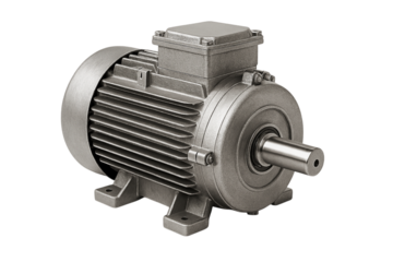 Robust grey industrial electric motor with shaft and ribbed housing on a black background