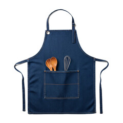 Blue Kitchen Apron with Cooking Utensils Isolated on White Background