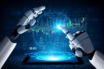 A futuristic image featuring robotic hands interacting with a tablet that displays stock market...