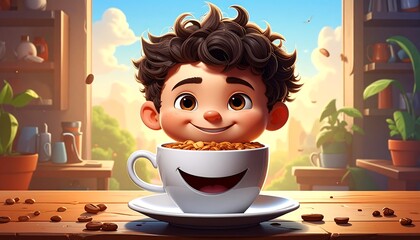 Smiling Child in Coffee Cup, Morning Delight.
