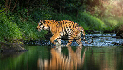Majestic Bengal Tiger Walking Through Jungle Stream, Endangered Species, Indian Wildlife, Predator Beauty, Conservation
