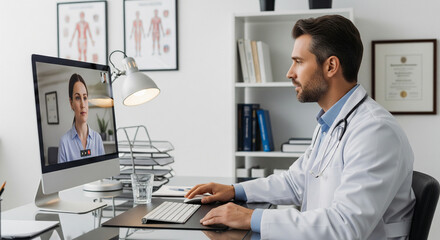 Fototapeta premium A male doctor in a white coat conducting a remote medical consultation via video call with a patient