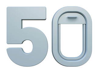 Number five airplane window on a isolated background. Air travel concept. Promotion up to 50 off flight booking. For design tourism advertising media. 