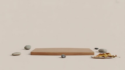 Zen Natural Podium with Stones and Autumn Leaf, Minimalist Display Platform