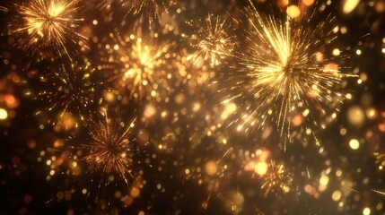 Golden Fireworks Sparkle Celebration with Abstract Bokeh Light Show Background.