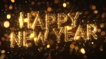 Golden Sparkle Happy New Year Text with Bokeh Lights.