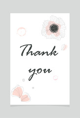 The postcard is horizontal. A bouquet with multicolored flowers and the inscription thank you. The flowers are white, pink and blue. Card for congratulations, thanksgiving and invitations