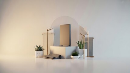 Modern Minimalist Workspace with Laptop and Plants in Soft Lighting