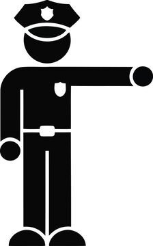 A black stick figure icon of a police officer standing in uniform and directing traffic with an outstretched arm