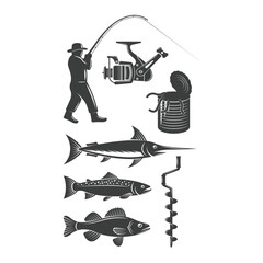 A comprehensive collection of fishing icons showcasing gear, bait, and various fish species isolated on white background, Vector