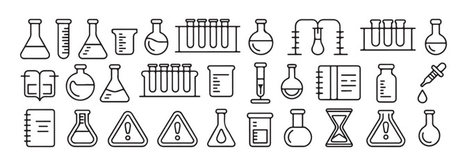 Fototapeta premium Set of laboratory glassware icons, collection of chemistry equipment, science research tools