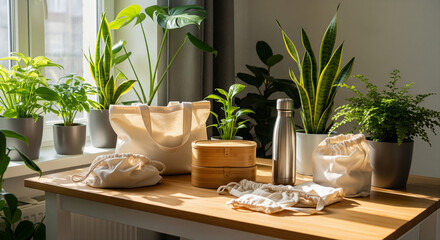 Sustainable zero-waste lifestyle products like reusable bags and bamboo boxes on a wooden table
A collection of eco-friendly and sustainable lifestyle items arranged on a light wooden table
