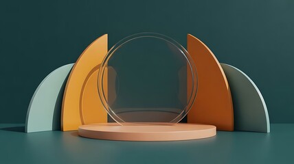 Minimalist Glass Sphere on Wooden Pedestal with Colorful Backdrops