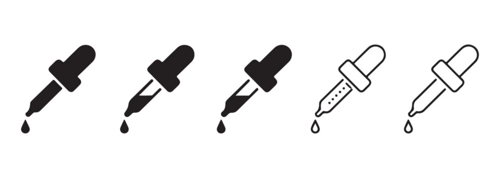 Set of dropper icons, collection of chemical laboratory pipette signs, medical liquid symbol