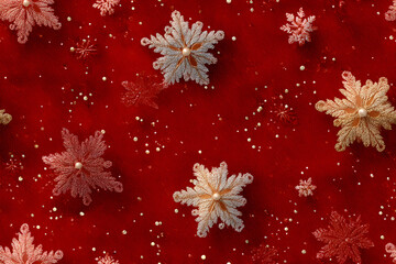 red christmas background with snowflakes and stars and dots,seamless pattern of snowflakes and stars on red background,Christmas wrapping paper, Xmas pattern with ornaments.