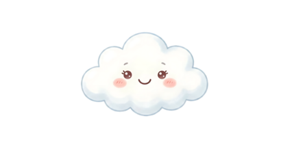 Smiling white cartoon cloud with rosy cheeks and brown eyes isolated on a transparent background