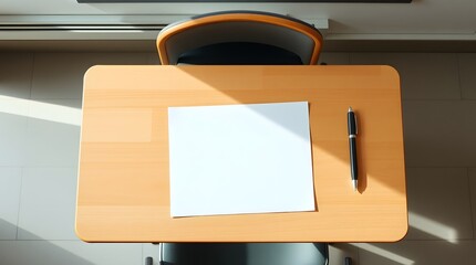 Blank white paper sheet mockup on wooden desk with pen, education school learning concept