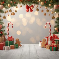 christmas theme stage, stars, tree with gifts and candy