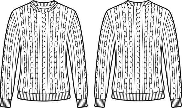 Cable knit sweater fashion technical sketch vector illustration isolated apparel design template front back view winter clothing stock marketplace commercial