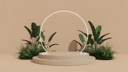 Minimalist Beige Podium with Tropical Plants and White Arch