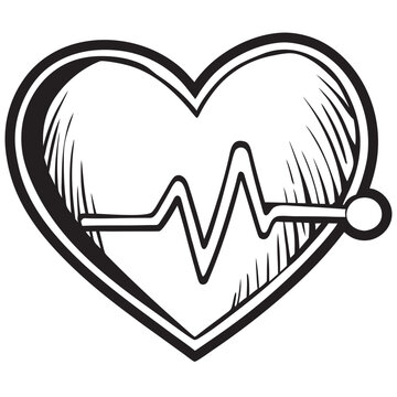 Hand drawn heart shape with electrocardiogram line inside representing cardiac health monitoring and rhythm